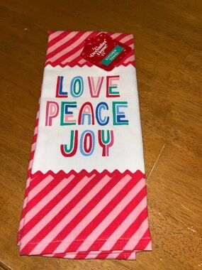 December Home Love Peace Joy Striped Pink Red Stripe 100% Cotton Kitchen Towel